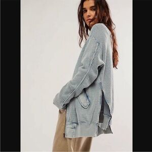 Free People FP One Lupo Zip Front Waffle Knit Cardigan Cardi Blue Grunge Boho